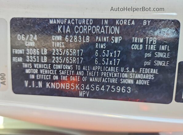 KNDNB5K34S6475963 2025 KIA CARNIVAL Белый Вид наклейки с VIN-кодом