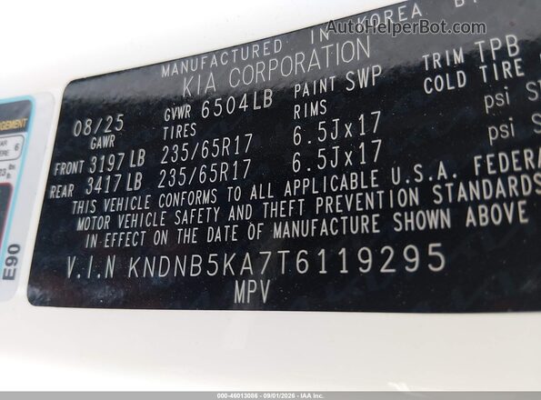 KNDNB5KA7T6119295 2026 KIA CARNIVAL MPV HYBRID White Շարժիչի բաժամունքի տեսք
