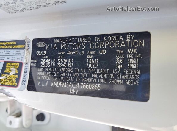 KNDPM3AC3L7660865 2020 KIA SPORTAGE White Вид наклейки з VIN-кодом