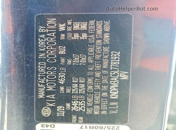 KNDPM3AC5L7781932 2020 KIA SPORTAGE Синий Вид наклейки с VIN-кодом