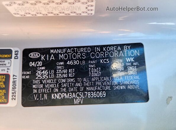 KNDPM3AC5L7836069 2020 KIA SPORTAGE Silver Vista de la etiqueta del VIN