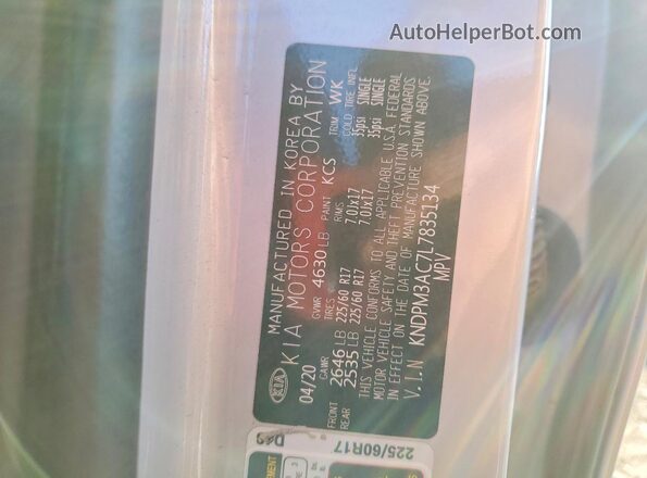 KNDPM3AC7L7835134 2020 KIA SPORTAGE Silver VIN sticker view