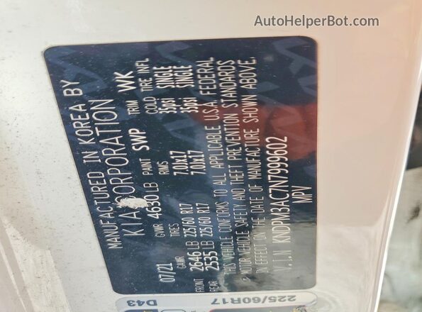 KNDPM3AC7N7999602 2022 KIA SPORTAGE White Widok naklejki z numerem VIN