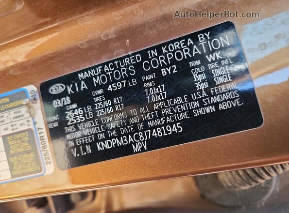KNDPM3AC8J7481945 2018 KIA SPORTAGE Tan VIN կոդի պիտակի տեսք