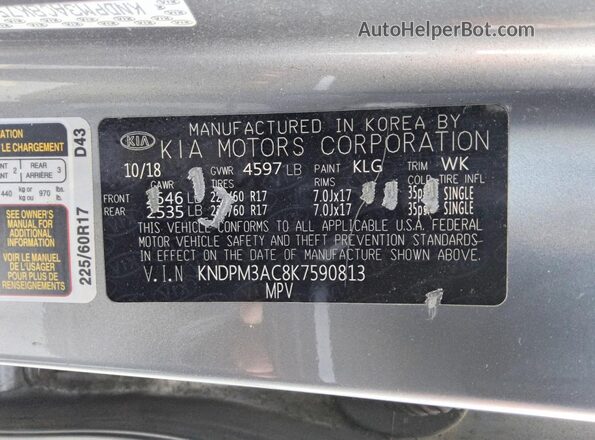 KNDPM3AC8K7590813 2019 KIA SPORTAGE Silver Vista de la etiqueta del VIN