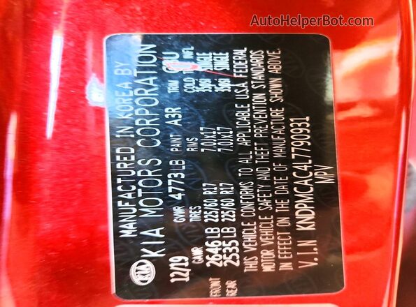 KNDPMCAC4L7790931 2020 KIA SPORTAGE Red VIN კოდის სტიკერის ხედი