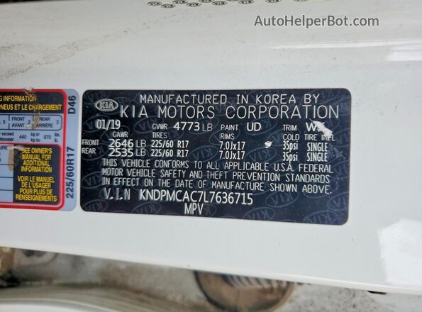 KNDPMCAC7L7636715 2020 KIA SPORTAGE White VIN sticker view