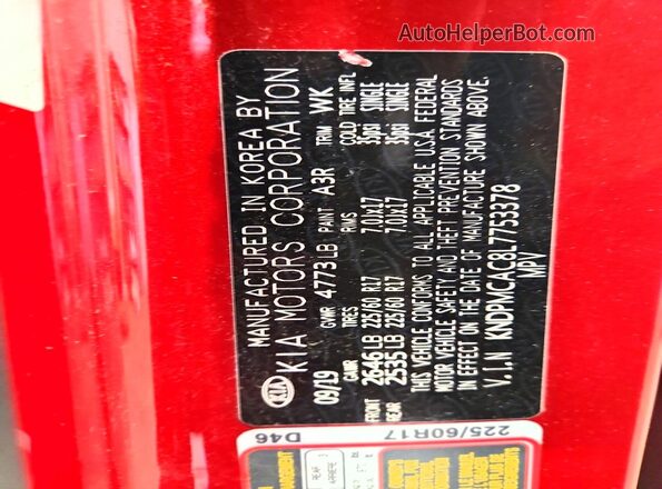 KNDPMCAC8L7753378 2020 KIA SPORTAGE Red Vista de la etiqueta del VIN