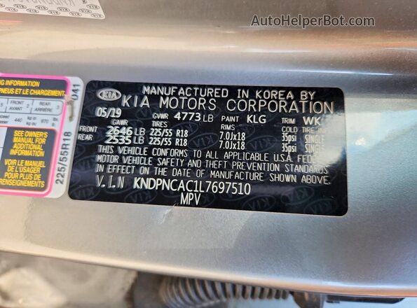 KNDPNCAC1L7697510 2020 KIA SPORTAGE Gray Вид наклейки з VIN-кодом