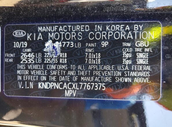 KNDPNCACXL7767375 2020 KIA SPORTAGE Black VIN sticker view