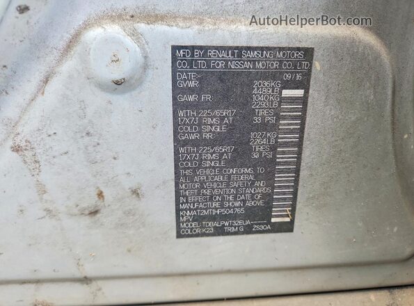 KNMAT2MT1HP504765 2017 NISSAN ROGUE Silver Vista de la etiqueta del VIN