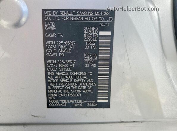 KNMAT2MT1HP581071 2017 NISSAN ROGUE Silver VIN կոդի պիտակի տեսք