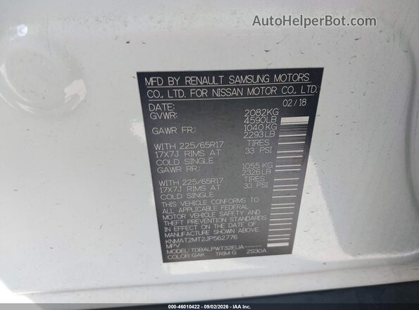 KNMAT2MT2JP562776 2018 NISSAN ROGUE White ძრავის განყოფილების ხედი