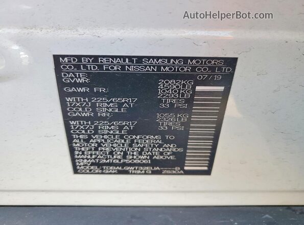 KNMAT2MT6LP508061 2020 NISSAN ROGUE White Widok naklejki z numerem VIN