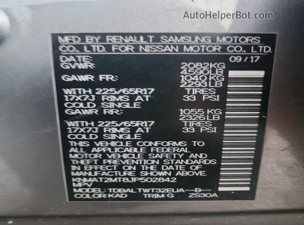 KNMAT2MT8JP502842 2018 NISSAN ROGUE Gray VIN კოდის სტიკერის ხედი