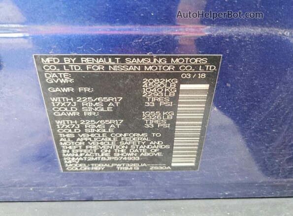 KNMAT2MT8JP574933 2018 NISSAN ROGUE Blue VIN կոդի պիտակի տեսք