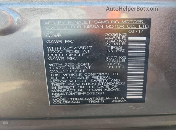 KNMAT2MT9HP572893 2017 NISSAN ROGUE Gray VIN կոդի պիտակի տեսք