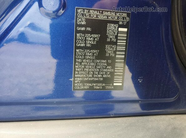 KNMAT2MTXHP594739 2017 NISSAN ROGUE Синий Вид наклейки с VIN-кодом