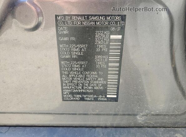 KNMAT2MV1HP617620 2017 NISSAN ROGUE Gray Вид наклейки з VIN-кодом