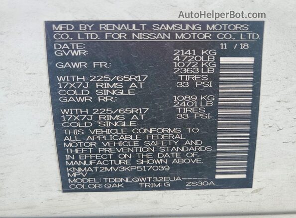 KNMAT2MV3KP517039 2019 NISSAN ROGUE White VIN sticker view