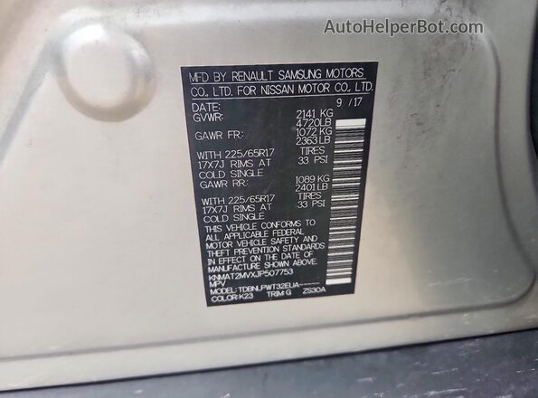 KNMAT2MVXJP507753 2018 NISSAN ROGUE Silver VIN კოდის სტიკერის ხედი