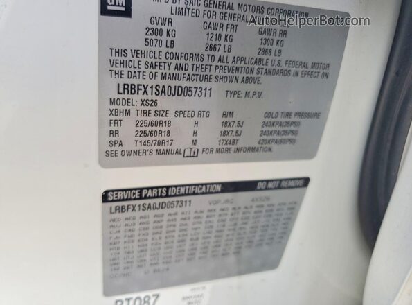 LRBFX1SA0JD057311 2018 BUICK ENVISION White VIN կոդի պիտակի տեսք