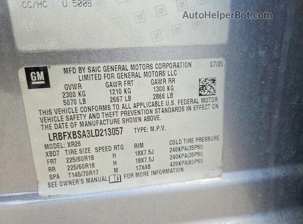 LRBFXBSA3LD213057 2020 BUICK ENVISION Silver Вид наклейки з VIN-кодом