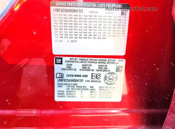 LRBFXCSA9HD041727 2017 BUICK ENVISION Red Vista de la etiqueta del VIN