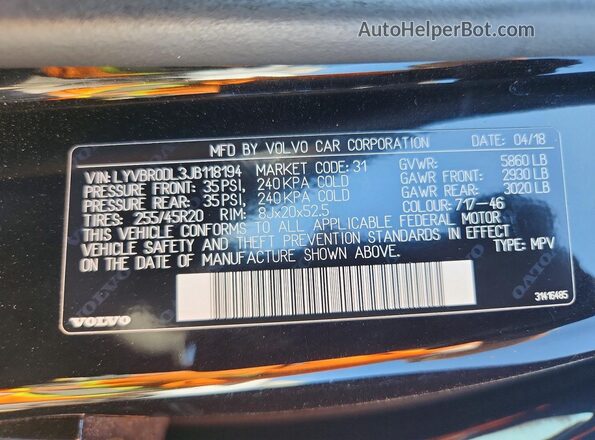 LYVBR0DL3JB118194 2018 VOLVO XC60 Черный Вид наклейки с VIN-кодом