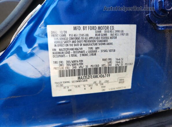 MAJ3S2FE4MC406749 2021 FORD ECOSPORT Синий Вид наклейки с VIN-кодом