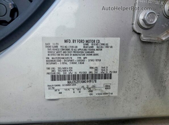 MAJ3S2FE4MC449178 2021 FORD ECOSPORT Silver Вид наклейки з VIN-кодом