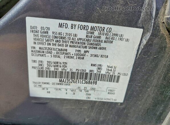 MAJ3S2GE1LC368698 2020 FORD ECOSPORT Gray Вид наклейки з VIN-кодом