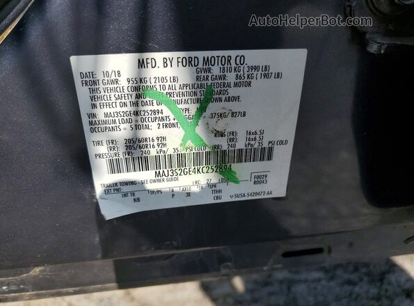 MAJ3S2GE4KC252894 2019 FORD ECOSPORT Gray Vista de la etiqueta del VIN