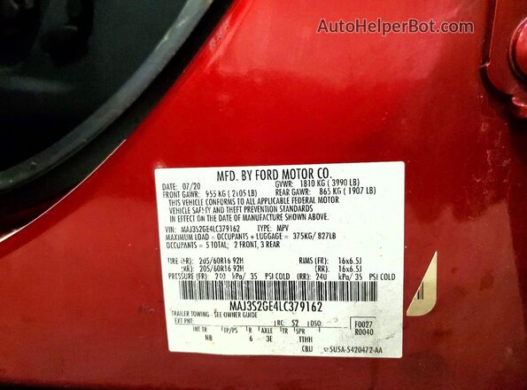 MAJ3S2GE4LC379162 2020 FORD ECOSPORT Красный Вид наклейки с VIN-кодом