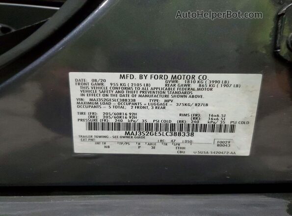 MAJ3S2GE5LC388338 2020 FORD ECOSPORT Gray Vista de la etiqueta del VIN