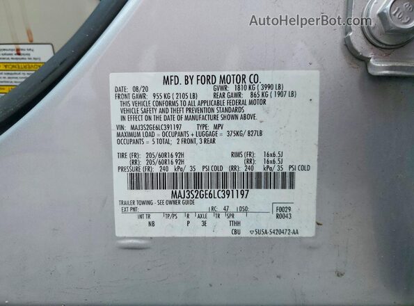 MAJ3S2GE6LC391197 2020 FORD ECOSPORT Silver Widok naklejki z numerem VIN