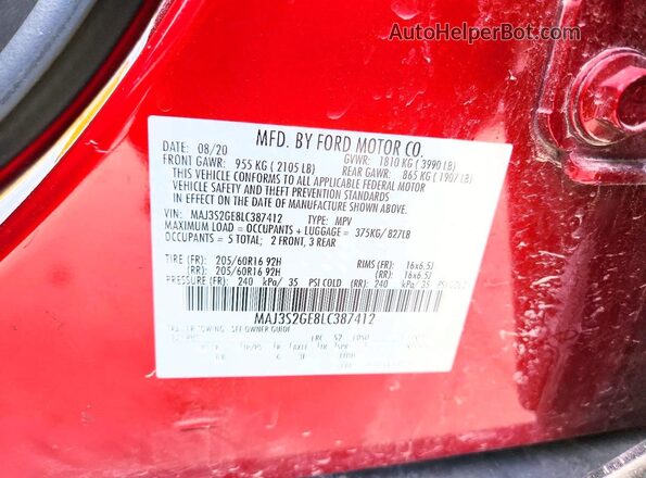 MAJ3S2GE8LC387412 2020 FORD ECOSPORT Red ძრავის განყოფილების ხედი