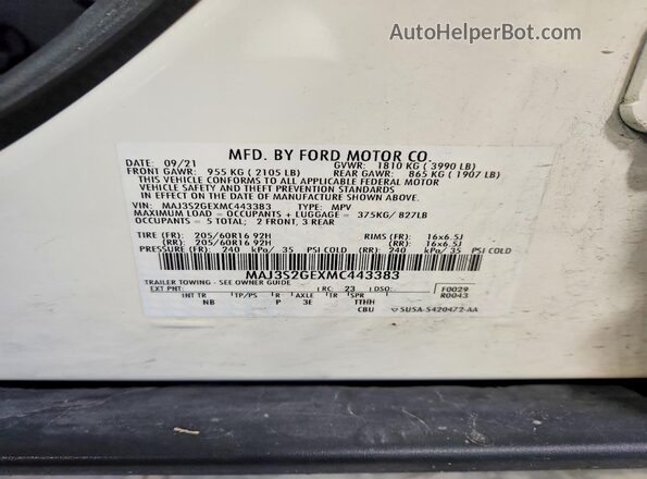 MAJ3S2GEXMC443383 2021 FORD ECOSPORT Белый Вид наклейки с VIN-кодом