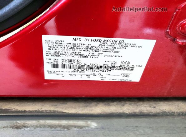 MAJ6P1CL3JC243499 2018 FORD ECOSPORT Red Вид наклейки з VIN-кодом