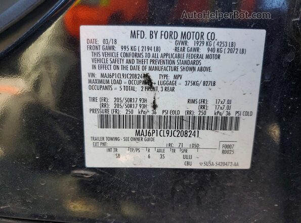 MAJ6P1CL9JC208241 2018 FORD ECOSPORT Черный Вид наклейки с VIN-кодом