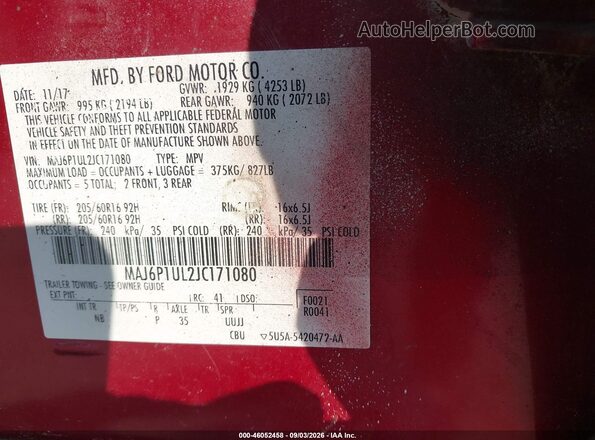 MAJ6P1UL2JC171080 2018 FORD ECOSPORT Red Widok komory silnika