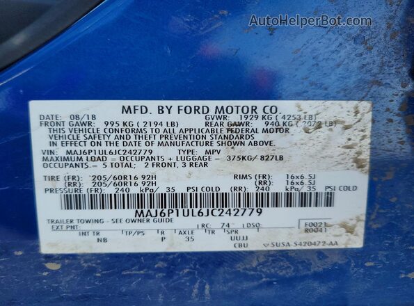 MAJ6P1UL6JC242779 2018 FORD ECOSPORT Blue Vista de la etiqueta del VIN