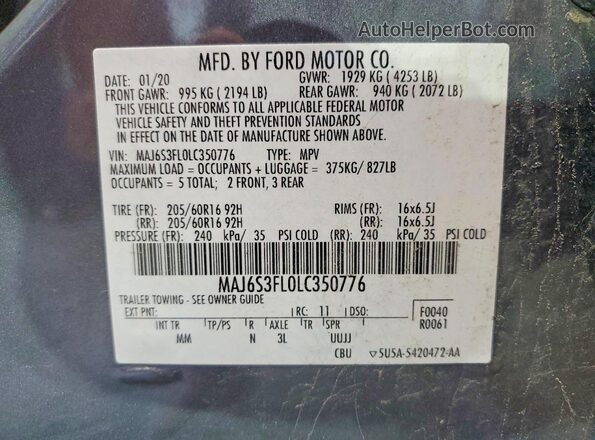 MAJ6S3FL0LC350776 2020 FORD ECOSPORT Угольный Вид наклейки с VIN-кодом