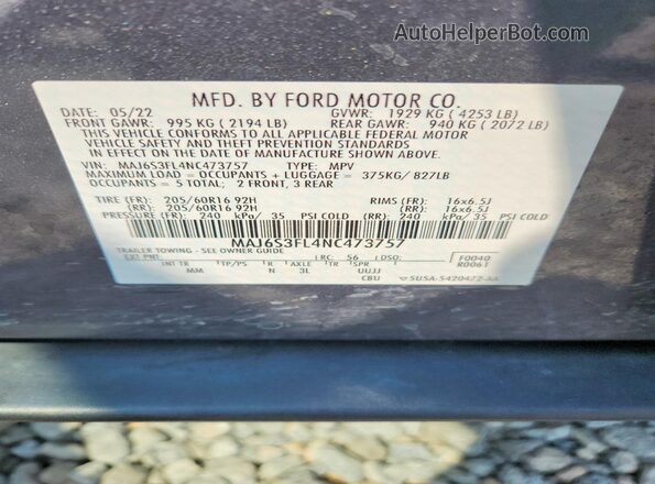 MAJ6S3FL4NC473757 2022 FORD ECOSPORT Серый Панорамный вид салона 360°