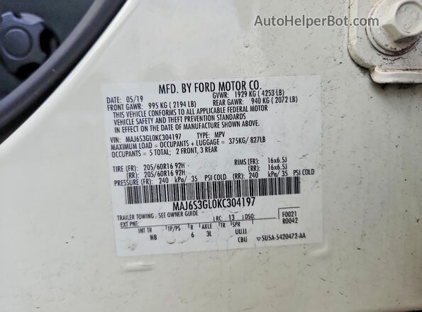 MAJ6S3GL0KC304197 2019 FORD ECOSPORT White Vista de la etiqueta del VIN