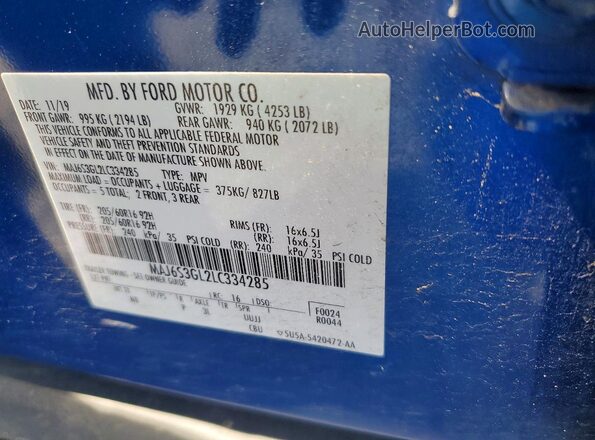 MAJ6S3GL2LC334285 2020 FORD ECOSPORT Blue Вид наклейки з VIN-кодом