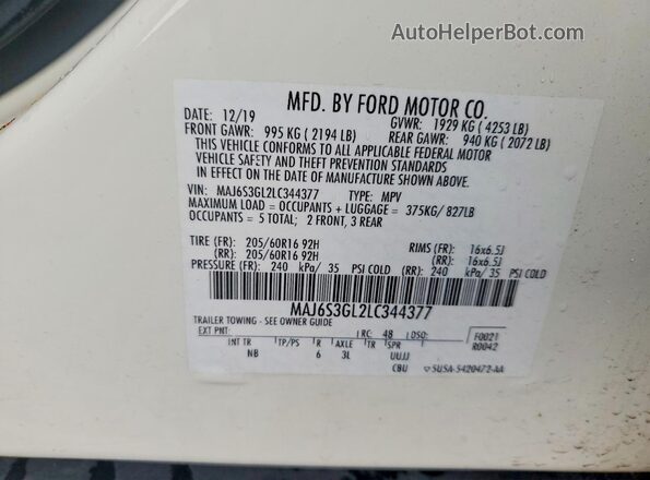 MAJ6S3GL2LC344377 2020 FORD ECOSPORT White VIN կոդի պիտակի տեսք