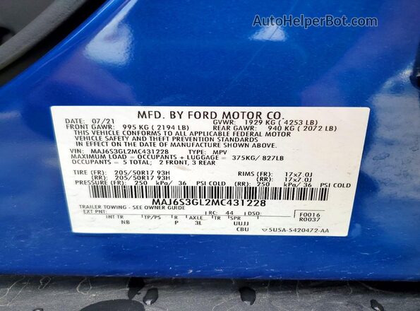 MAJ6S3GL2MC431228 2021 FORD ECOSPORT Синий Вид наклейки с VIN-кодом