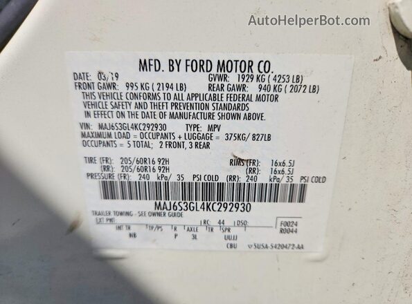 MAJ6S3GL4KC292930 2019 FORD ECOSPORT White Вид підкапотного простору