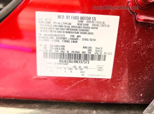 MAJ6S3GL4NC457573 2022 FORD ECOSPORT Красный Вид наклейки с VIN-кодом